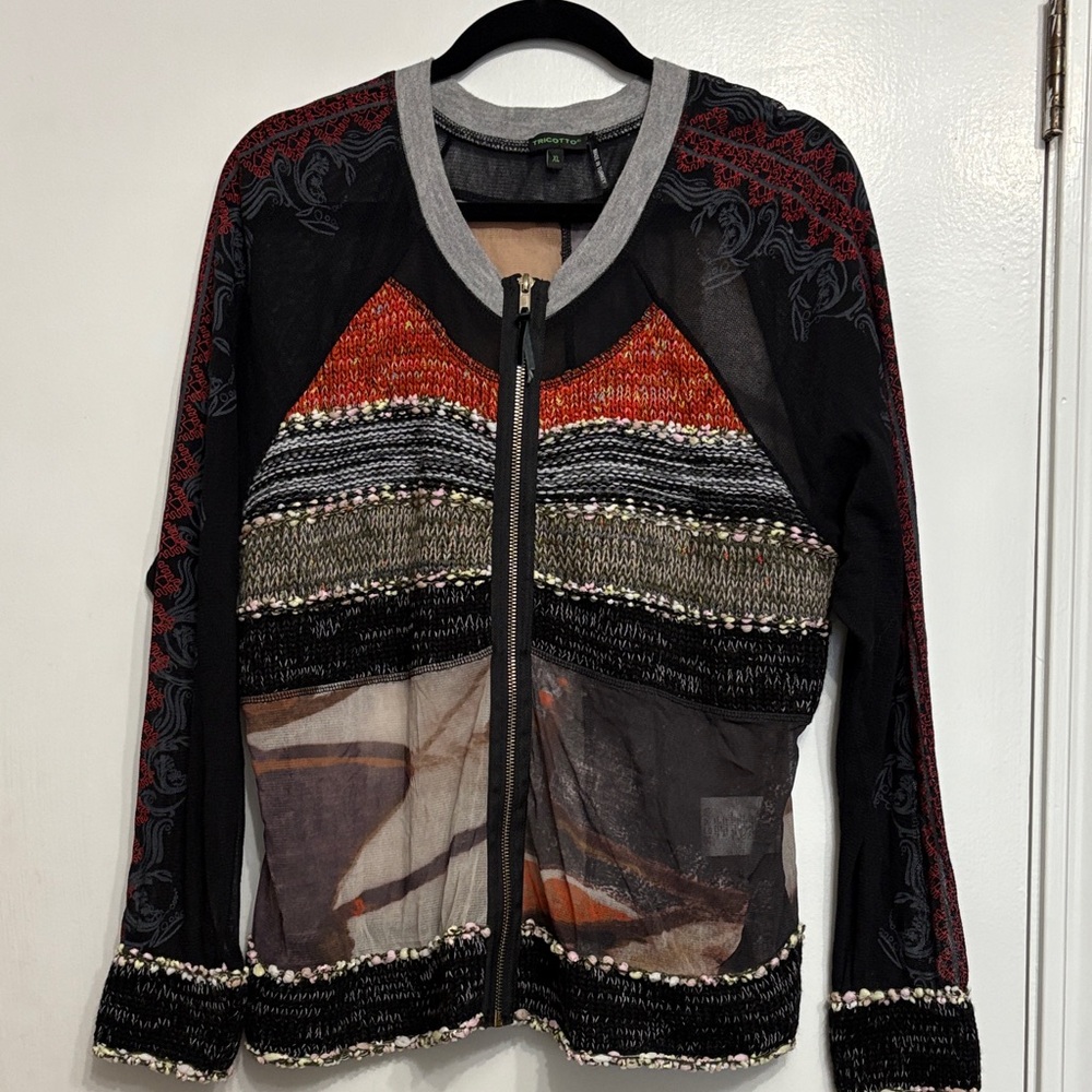 Tricotto Mixed Fabric Jacket with Zip Closure Size XL Boho